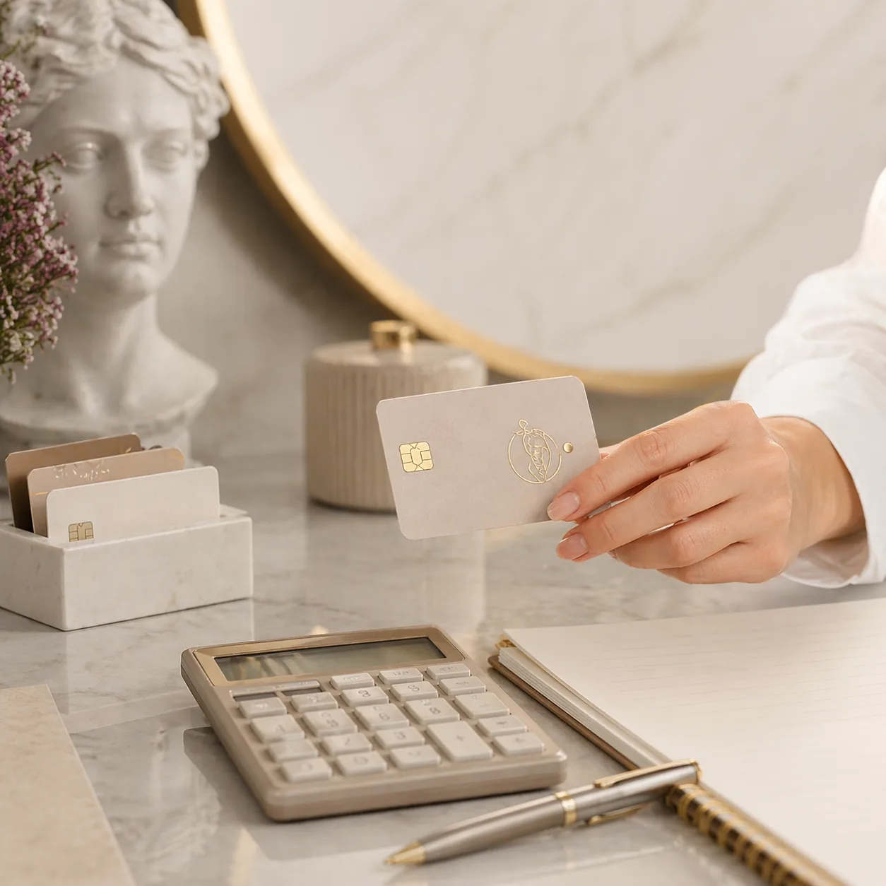 Mano sujetando una tarjeta junto a una calculadora para planificar la financiación de tratamientos estéticos.