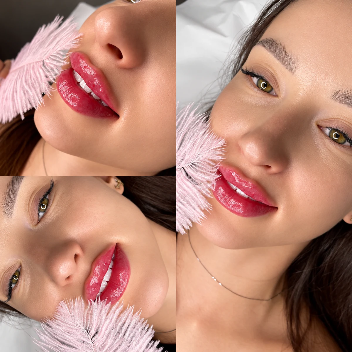 Montaje de primeros planos del rostro y los labios junto a una pluma rosada.