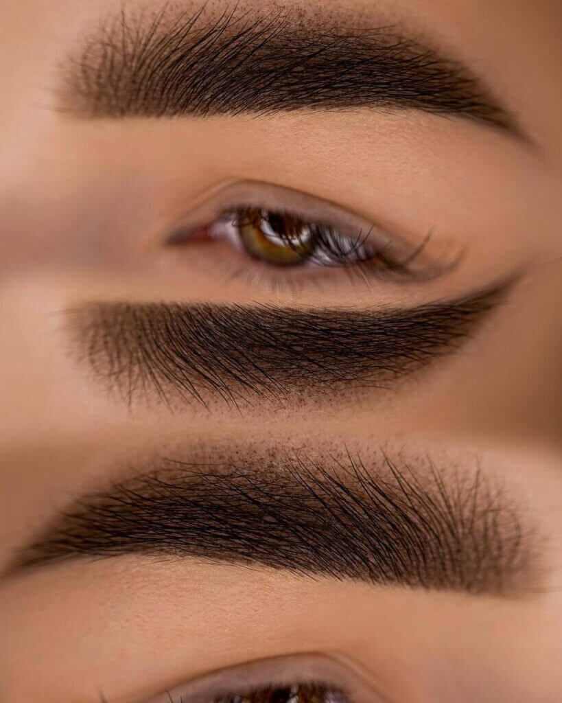 Micropigmentación de cejas: detalle de unas cejas oscuras en varios primeros planos.
