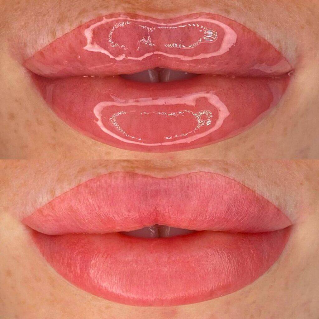 Micropigmentación de labios: comparativa de labios rosados con un acabado brillante y otro mate.