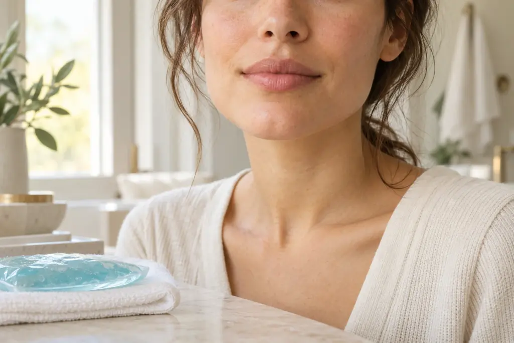 Mujer con labios naturales junto a una compresa de gel y una toalla limpia.